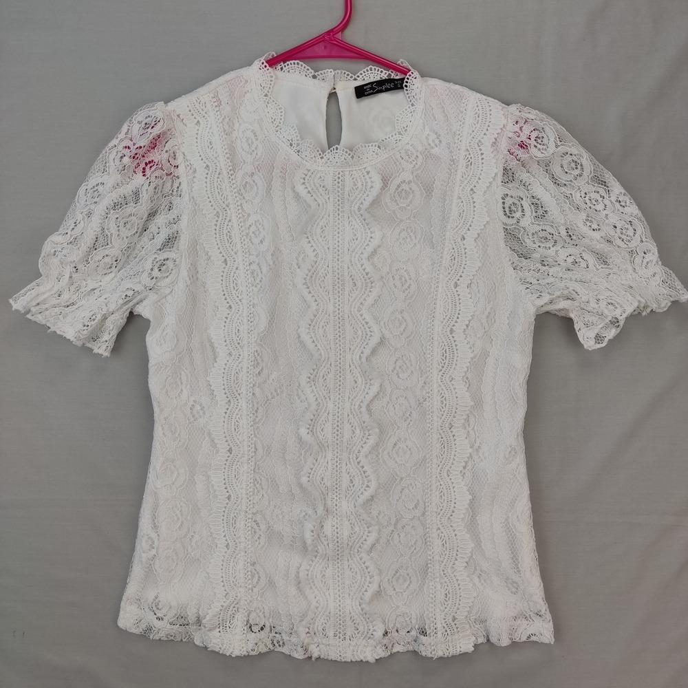 Simplee Lace Top Womens Small White Puff Sleeve Floral Scallop High Neck‎ Blouse